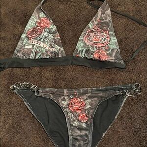 Sinful Black and Red Rose Bikini with Chain Detail